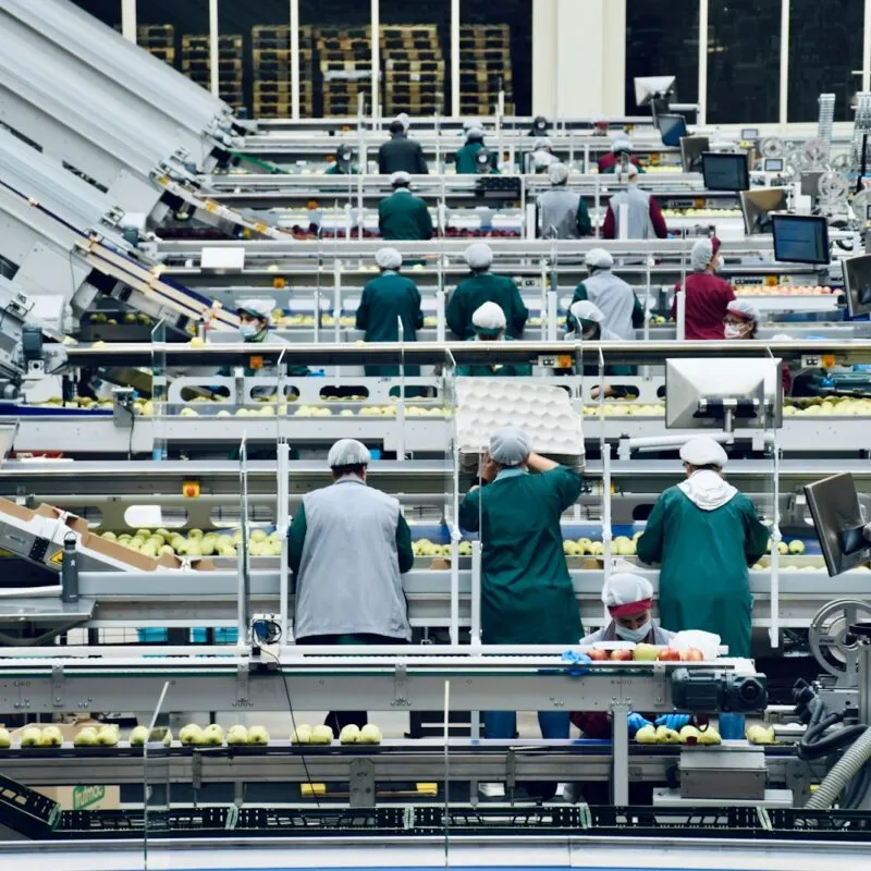 a group of people in a factory